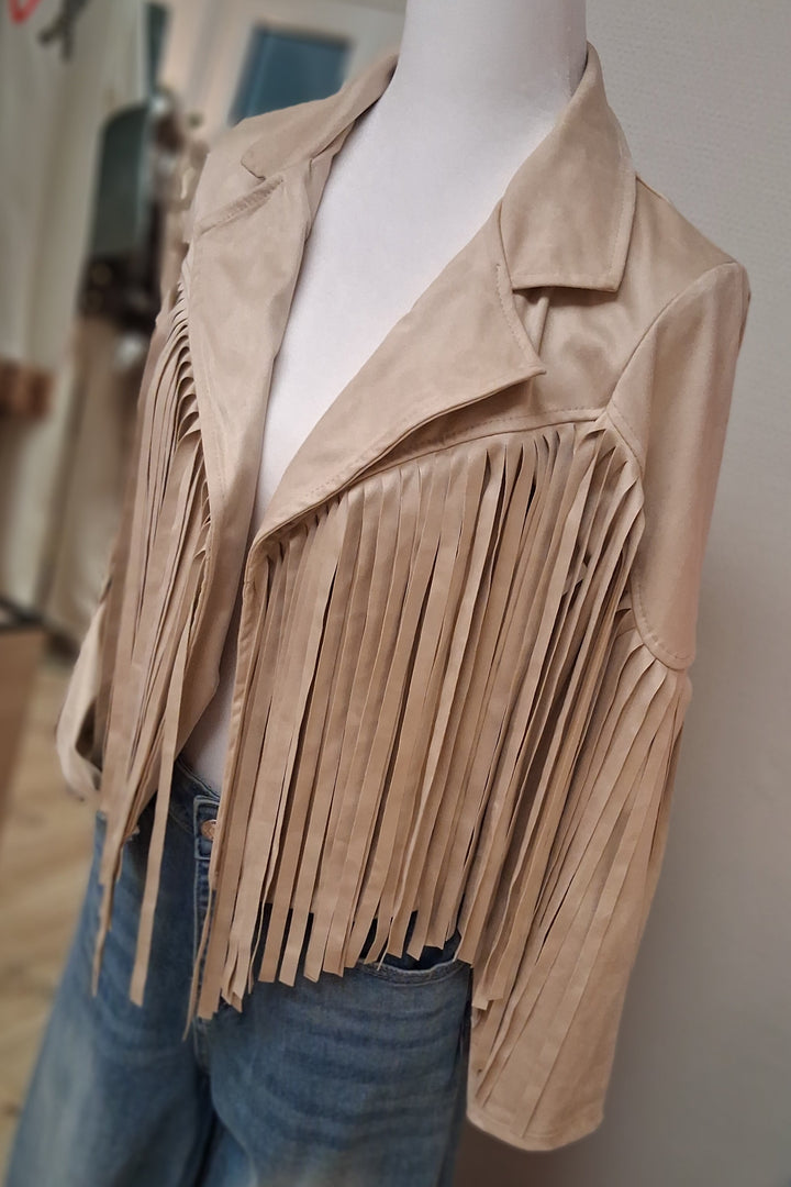 Bohojacke - kurze Jacke mit langen Fransen - Faux Wildleder - beige