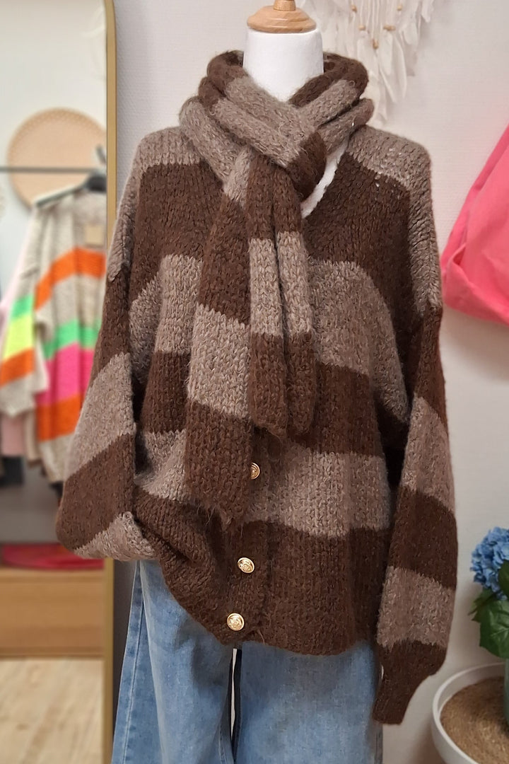 Cardigan - Strickjacke - Set mit Schal - braun gestreift