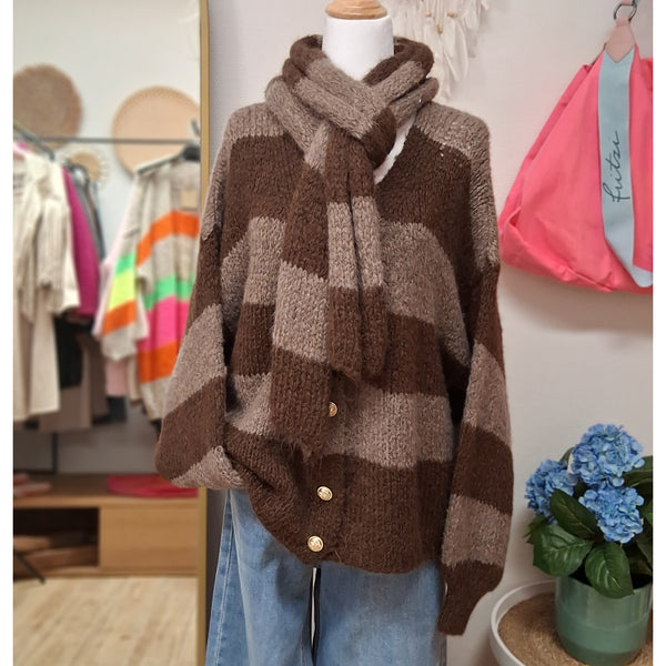 Cardigan - Strickjacke - Set mit Schal - braun gestreift
