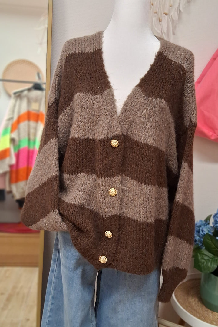 Cardigan - Strickjacke - Set mit Schal - braun gestreift