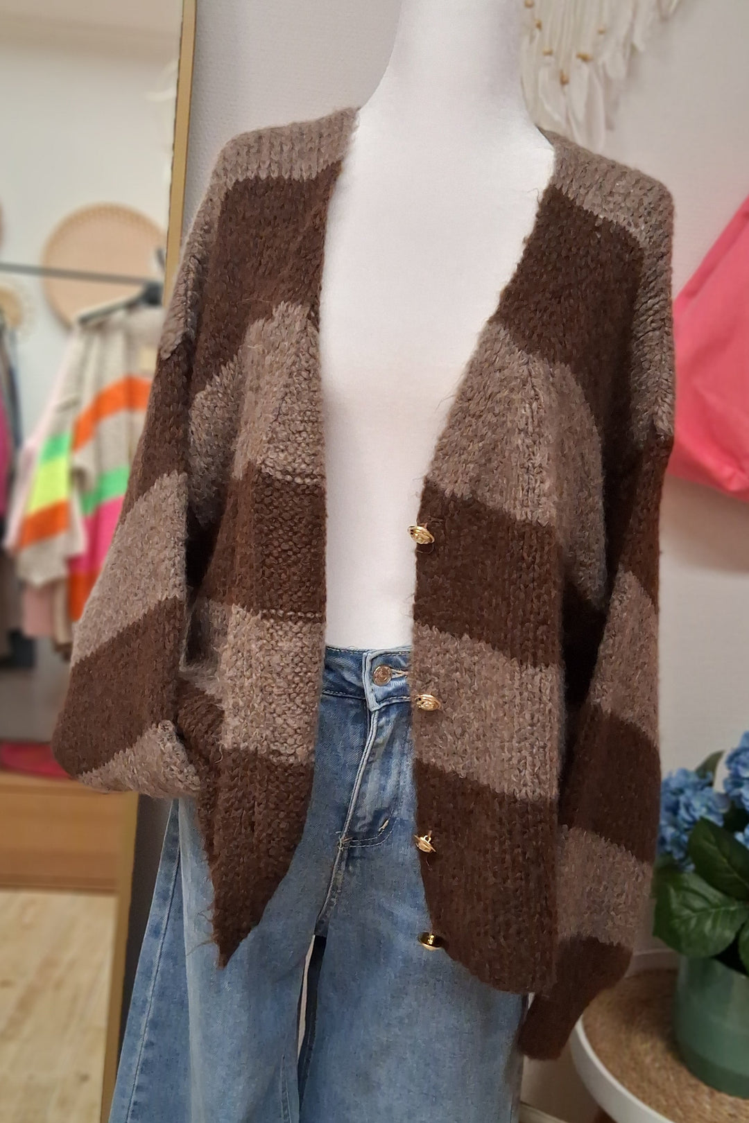 Cardigan - Strickjacke - Set mit Schal - braun gestreift