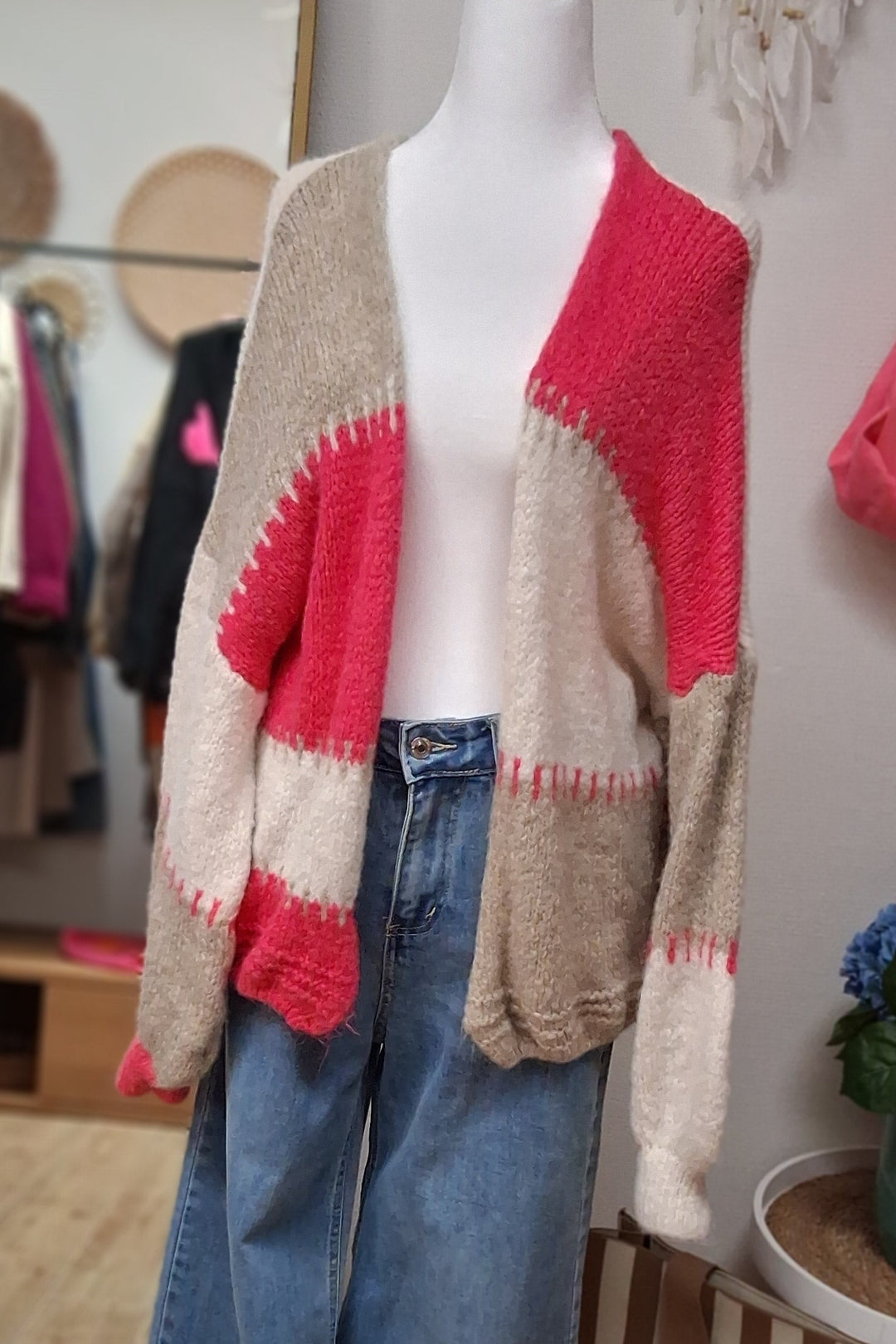 Cardigan - Strickjacke - weiß beige pink