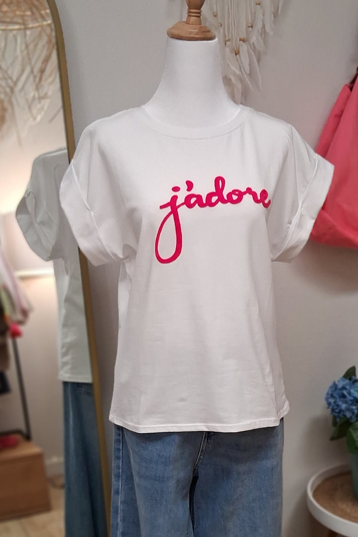T-Shirt J'ADORE - weißes Shirt - Stickerei Neonpink