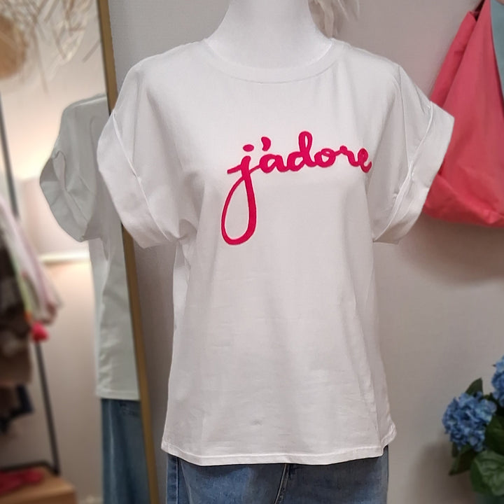 T-Shirt J'ADORE - weißes Shirt - Stickerei Neonpink