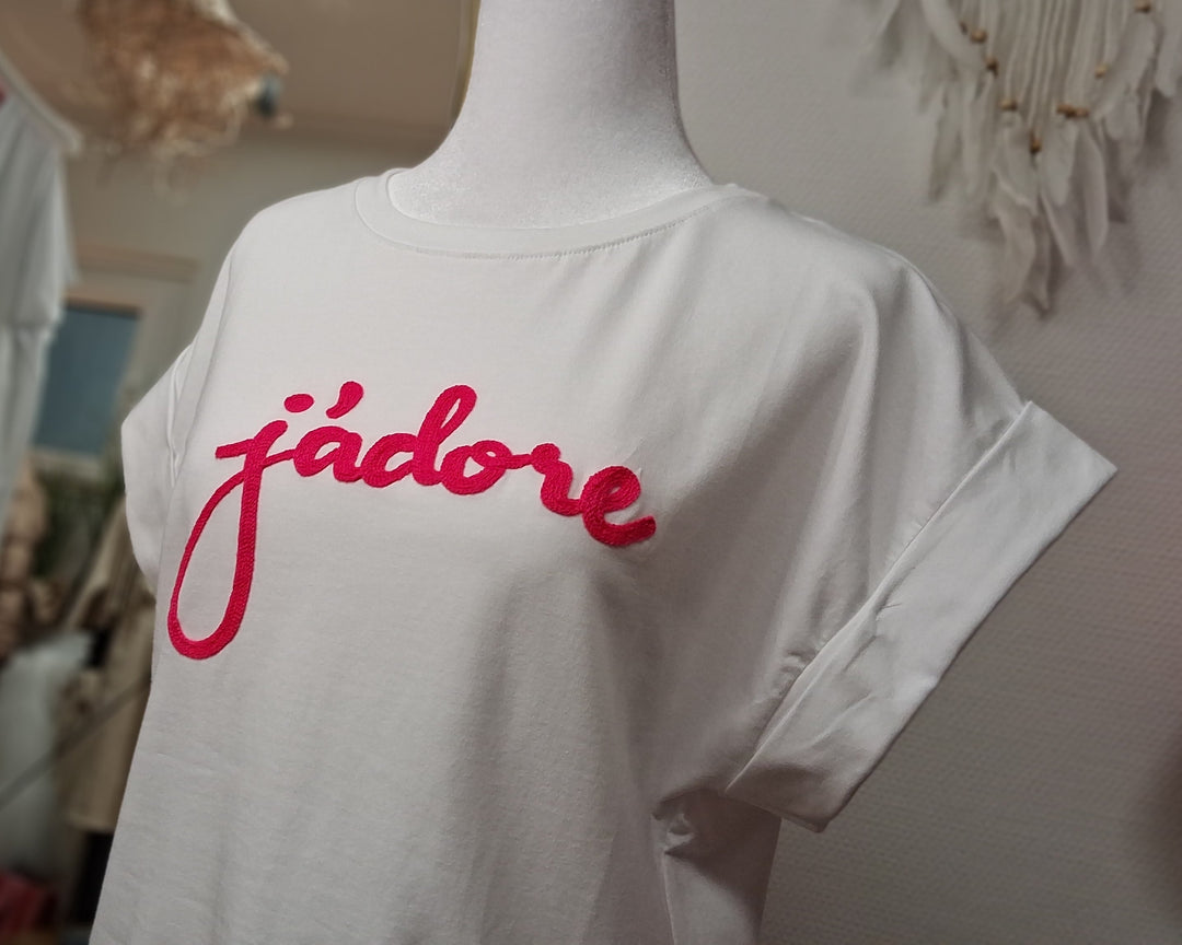 T-Shirt J'ADORE - weißes Shirt - Stickerei Neonpink