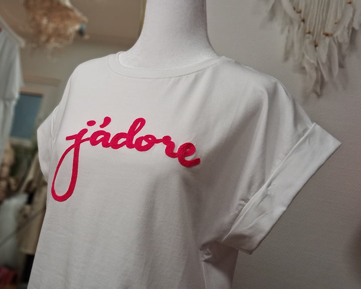 T-Shirt J'ADORE - weißes Shirt - Stickerei Neonpink