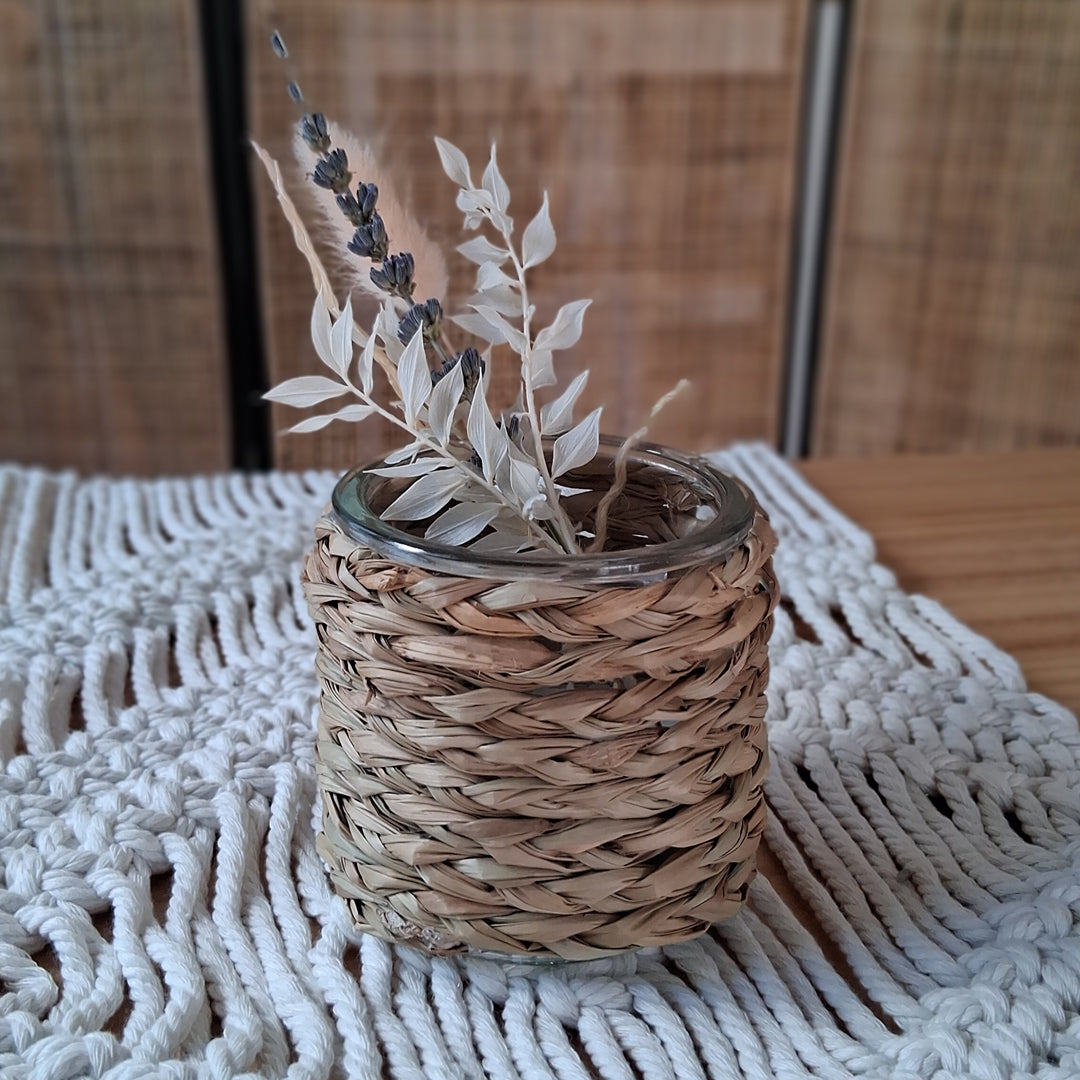 Windlicht - Kerzenglas mit Bast - Kerzenhalter od. Pflanzgefäß