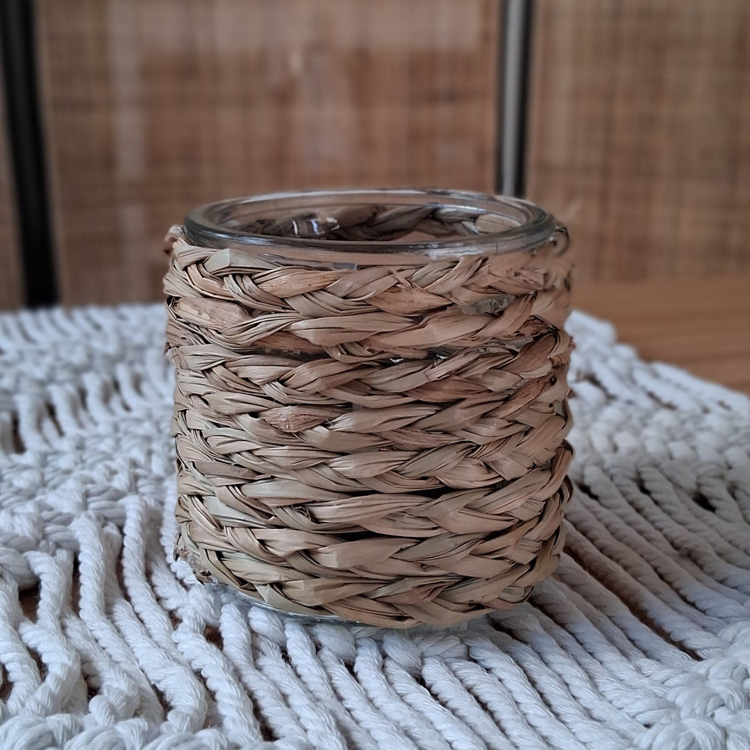 Windlicht - Kerzenglas mit Bast - Kerzenhalter od. Pflanzgefäß