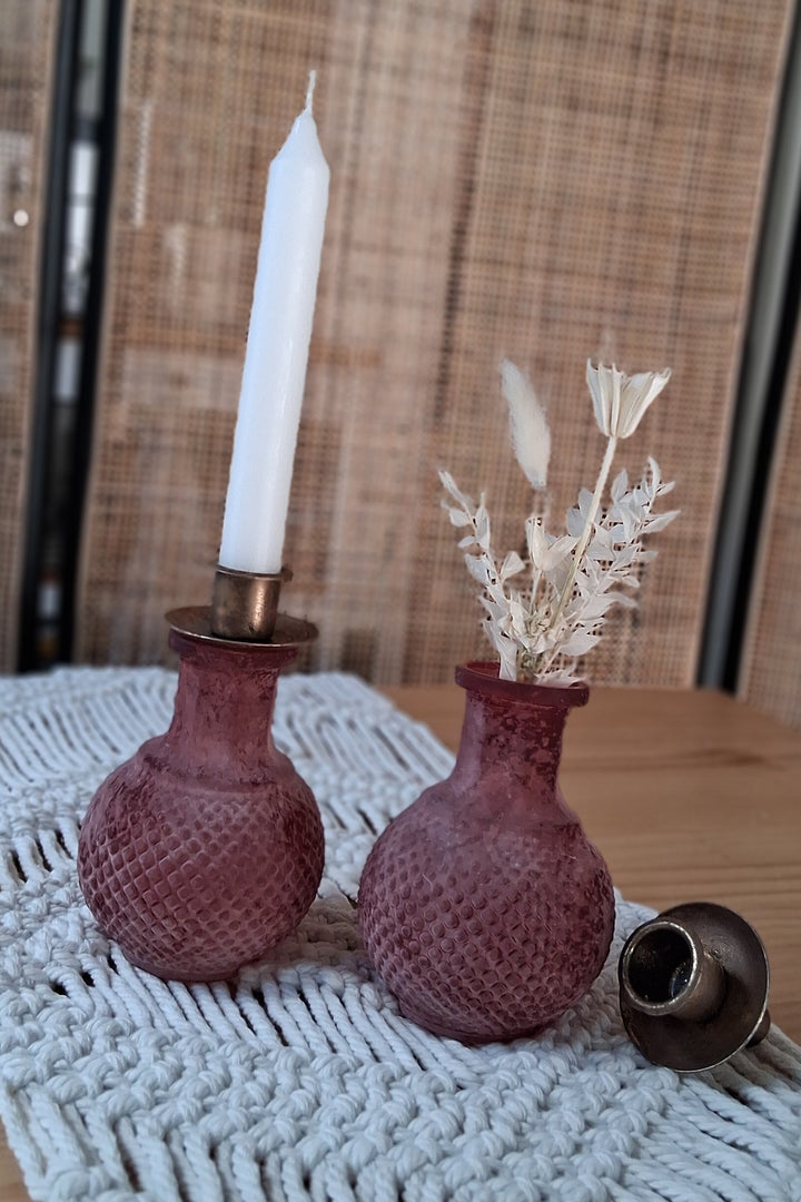 Kugelvase mit Kerzenhalter - Shabbychic - Reliefmuster - altrosa matt