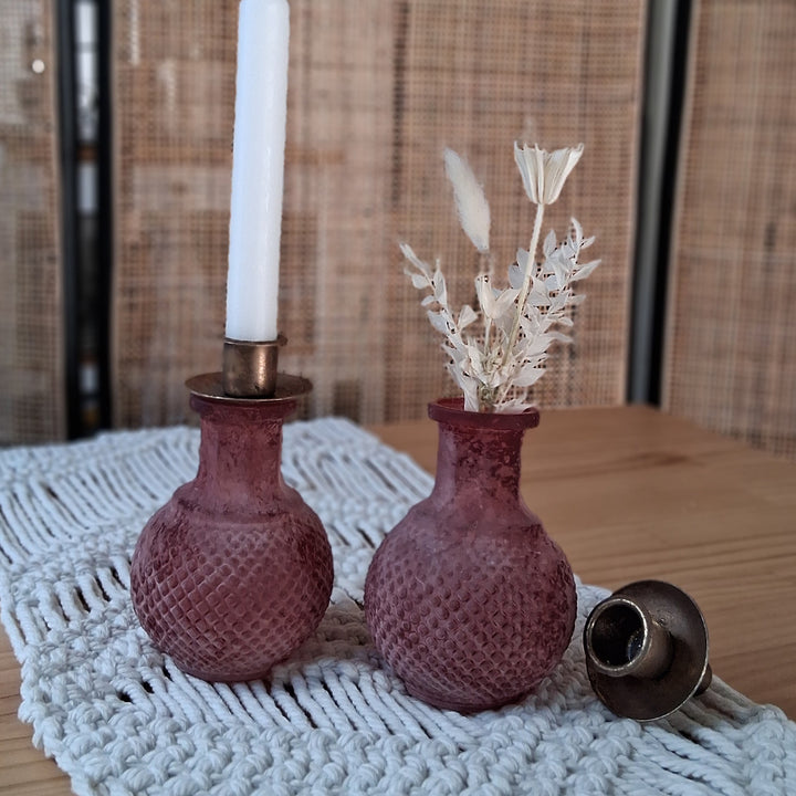Kugelvase mit Kerzenhalter - Shabbychic - Reliefmuster - altrosa matt