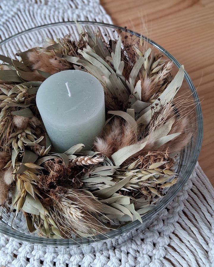 Geschenkset - Trockenblumen Kranz in Glasschale D29