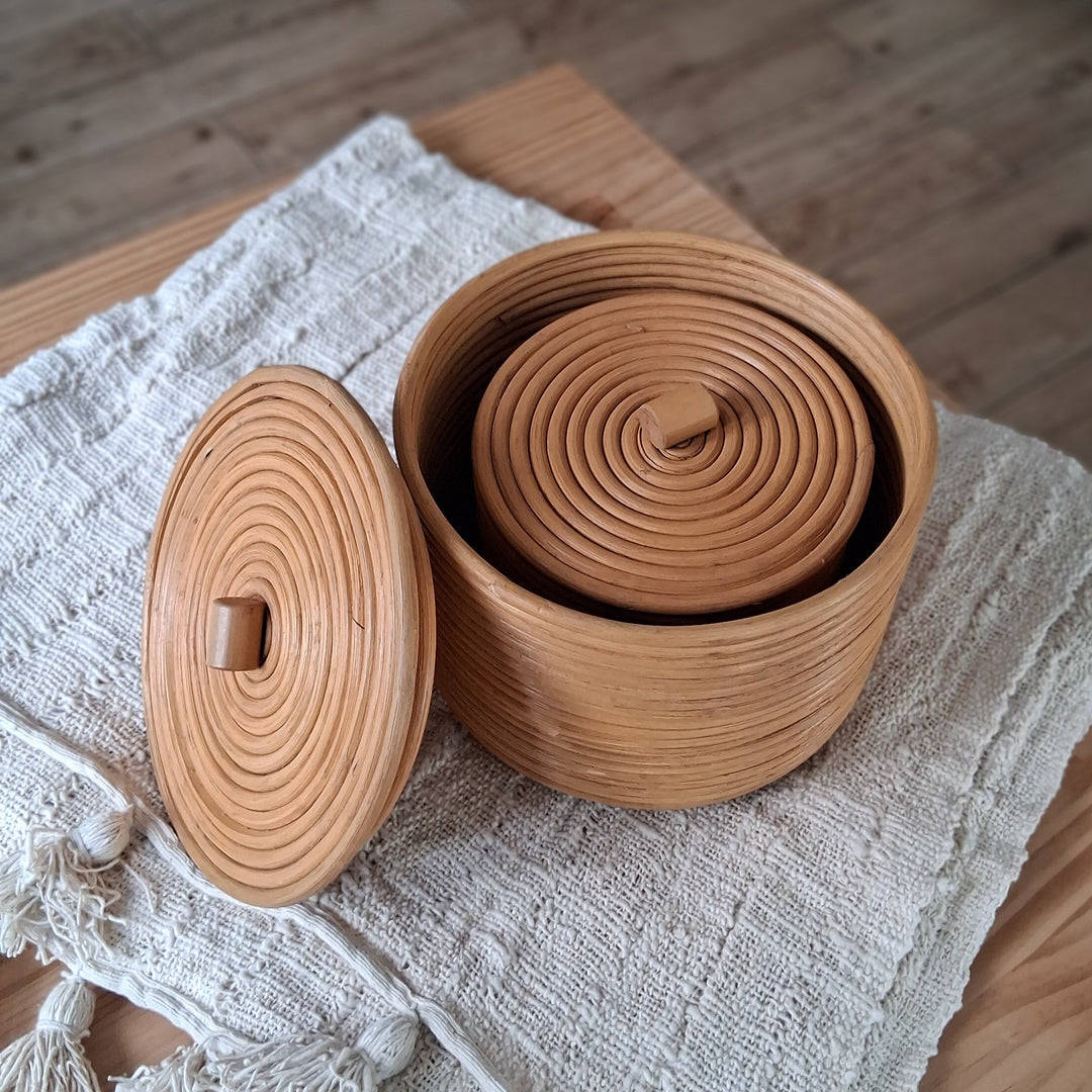 Natural Rattan Core - Aufbewahrungskorb mit Deckel - Dekokorb 2er Set