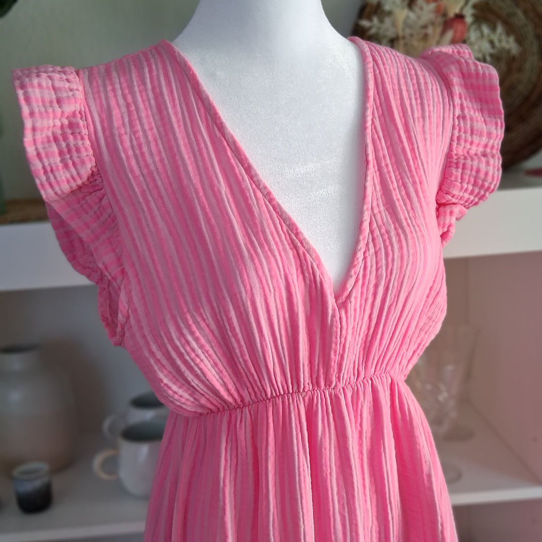 Maxikleid - tiefe V-Ausschnitte - Musselin rosa-pink gestreift