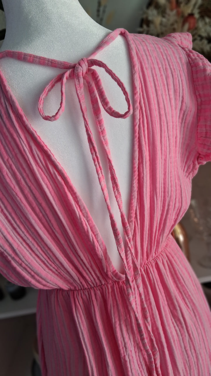 Maxikleid - tiefe V-Ausschnitte - Musselin rosa-pink gestreift