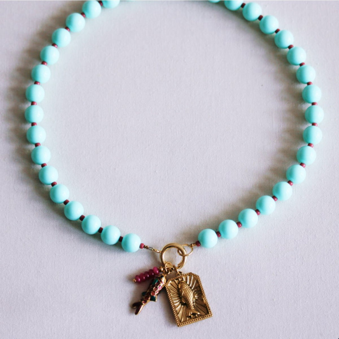 Halskette - Miyuki-Perlenkette XL - Mint/Kirschrot mit Charms