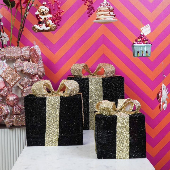 LED Weihnachtsdeko / Geschenkboxen – Schwarz/Gold – 3er-Set