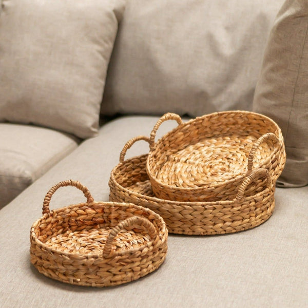 Handgefertigtes Korbtablett mit Griffen MATAHARI - rundes Serviertablett - Boho Deko Tablett