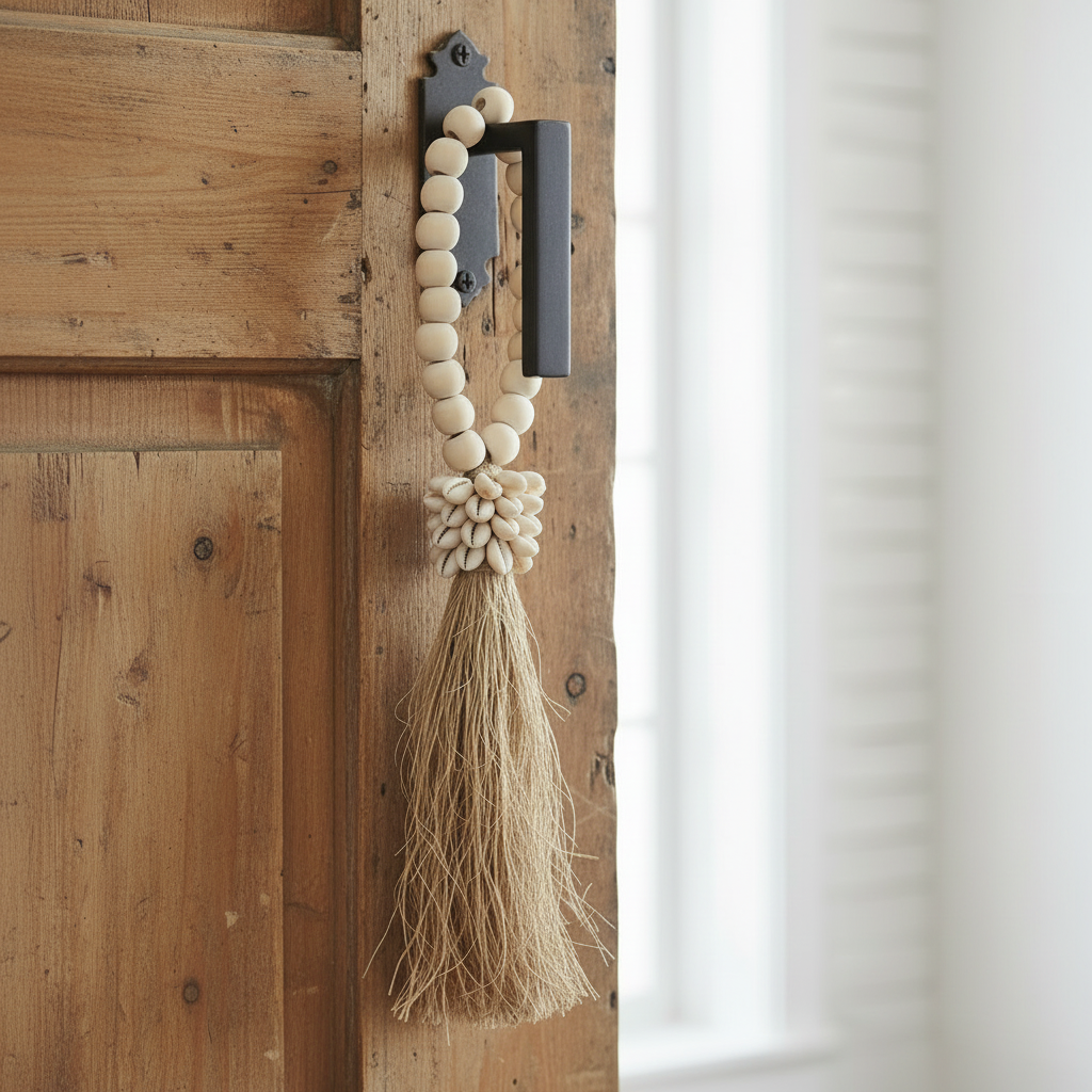 Dekohänger COWRIE KRAAL - Quaste mit Kaurimuscheln & Bast & Holzperlen