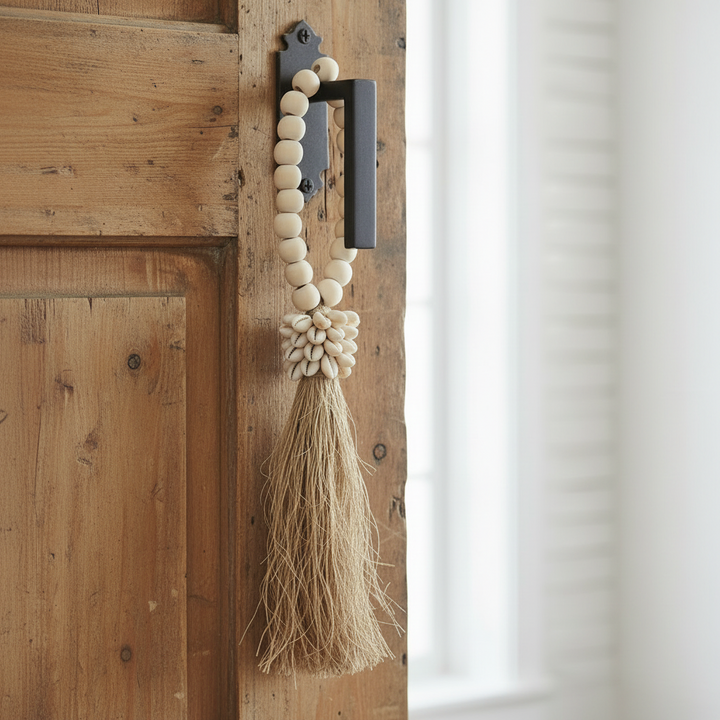 Dekohänger COWRIE KRAAL - Quaste mit Kaurimuscheln & Bast & Holzperlen