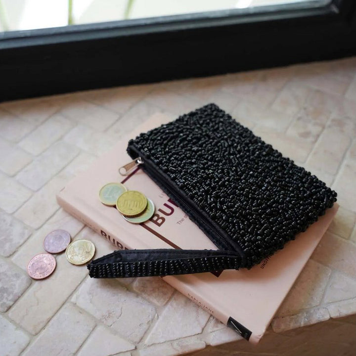 BLACK BEADED Tasche - Mini Clutch - Handgelenkstasche - Portemonnaie
