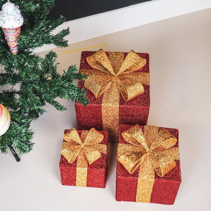 LED Weihnachtsdeko / Geschenkboxen – Rot/Gold – 3er-Set