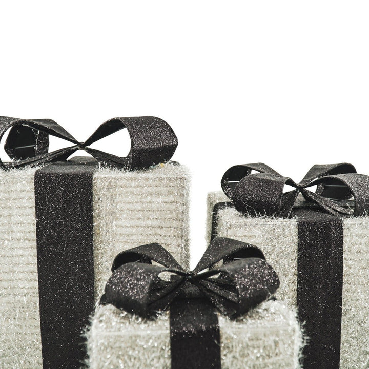 LED Weihnachtsdeko / Geschenkboxen – Silber/Schwarz – 3er-Set