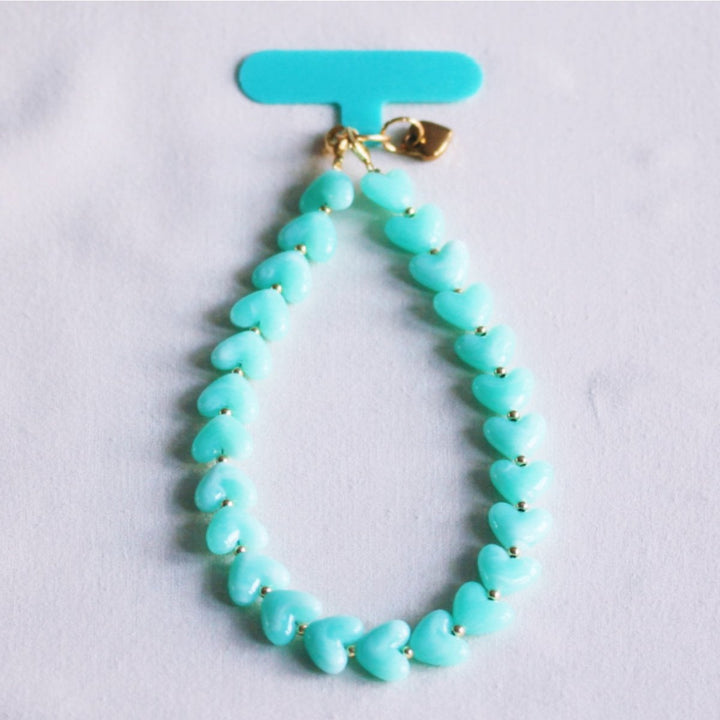 Handyband - Charm HEART Gold - Herz-Perlenkette Mint/Türkis