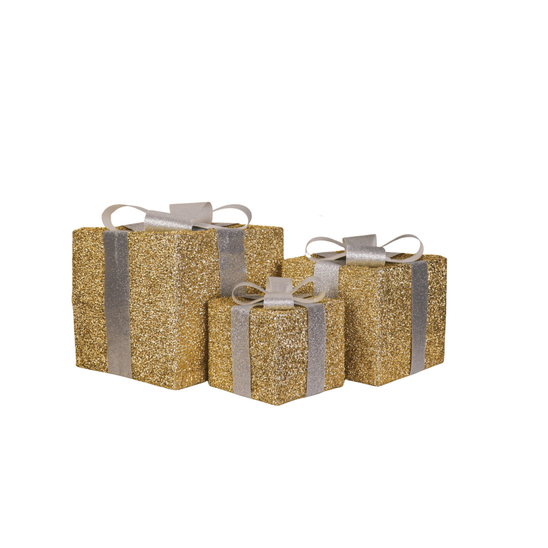 LED Weihnachtsdeko / Geschenkboxen – Gold/Silber – 3er-Set