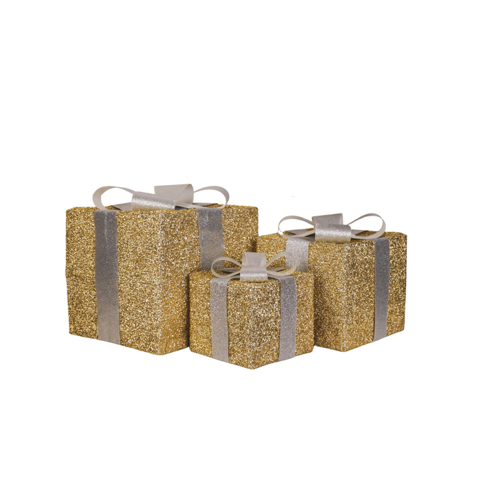 LED Weihnachtsdeko / Geschenkboxen – Gold/Silber – 3er-Set