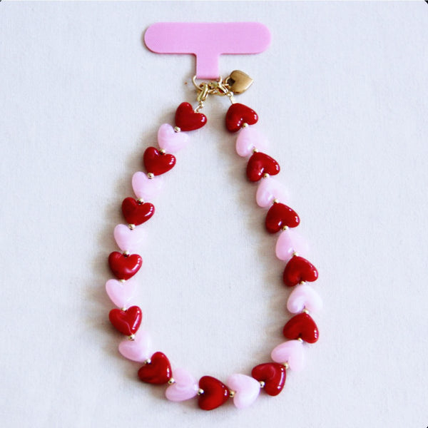 Handyband - Handyschlaufe - Perlenkette HEARTS - Pink/Rot
