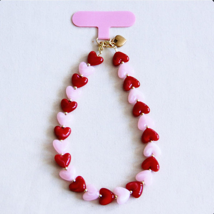 Handyband - Perlenkette HEARTS - Pink/Rot