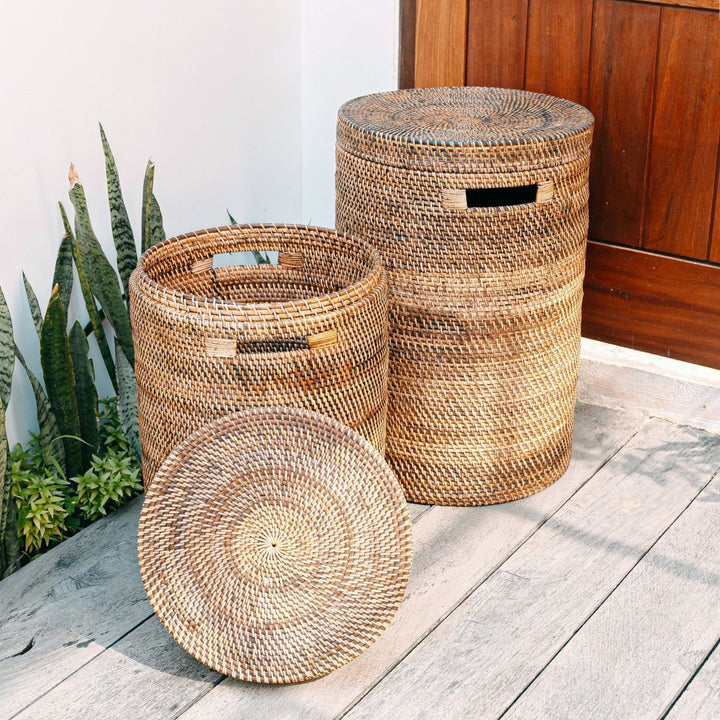 Boho Aufbewahrungskorb SARI - Handgefertigter Wäschekorb mit Deckel - braun