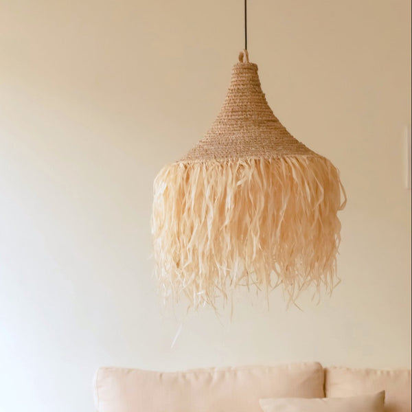 Handgefertigter Lampenschirm RUMBAI - Boho Deko Lampe aus Bast mit langen Fransen
