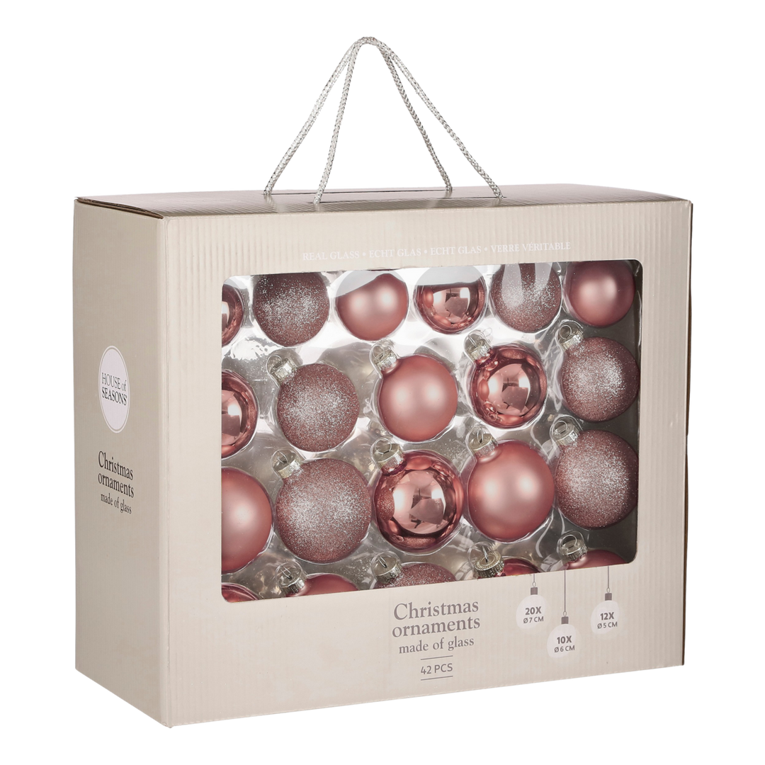 Weihnachtskugeln Set – 42 Stück – Ø7 cm – Glas – Rosa
