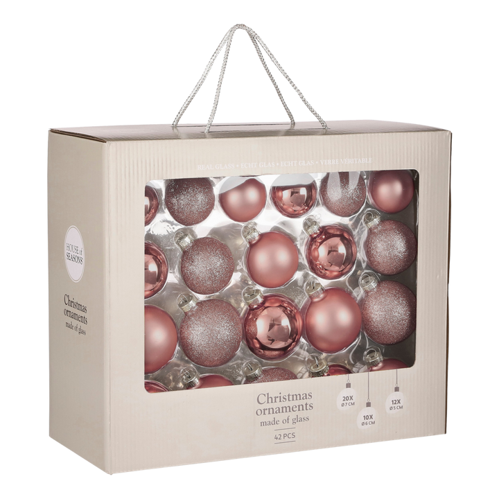 Weihnachtskugeln Set – 42 Stück – Ø7 cm – Glas – Rosa