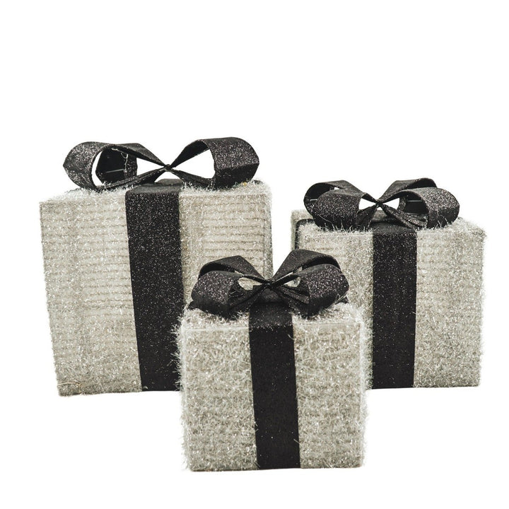 LED Weihnachtsdeko / Geschenkboxen – Silber/Schwarz – 3er-Set