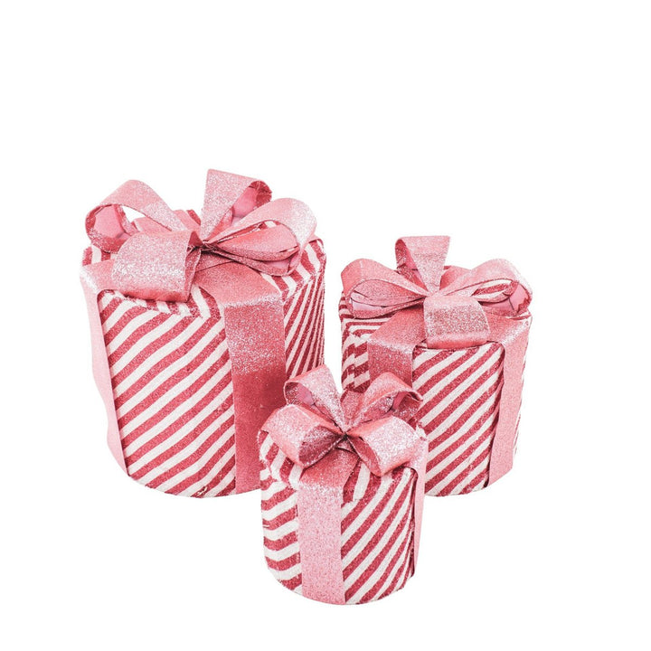 LED-Weihnachtsgeschenke – 3er-Set / rund – Pink/Weiß – 15/20/25 cm