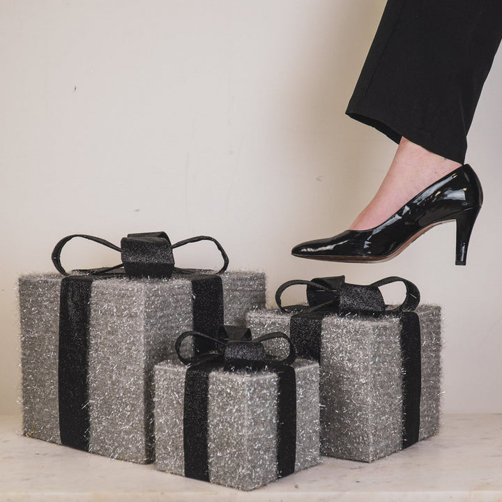 LED Weihnachtsdeko / Geschenkboxen – Silber/Schwarz – 3er-Set