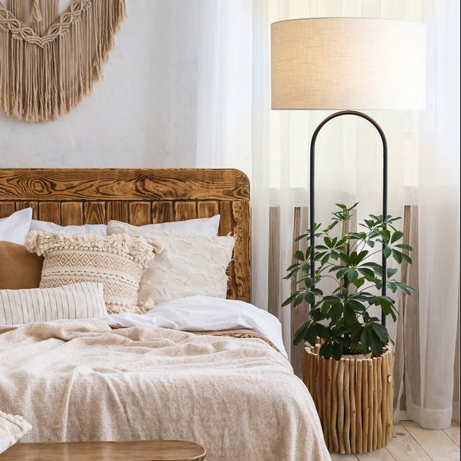 Stehleuchte BRANCHES - Deko Lampe mit Pflanztopf - Leinen/Treibholz Natur 155cm