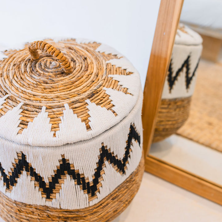 Handgeflochtener Korb mit Deckel PALEM - Wäschekorb - großer Boho-Korb - Baumwollmuster - 3 Größen