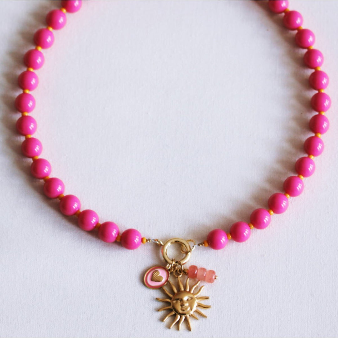 Halskette - Miyuki-Perlenkette XL - Fuchsia/Orange mit Charms