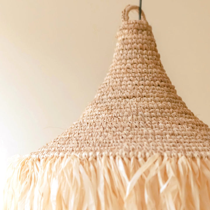 Boho Lampenschirm RUMBAI - Lampe mit Raffia Bast Fransen