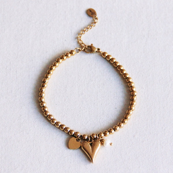 Armband - Perlenkette - Charms HEARTS & Mini PEARL - Gold