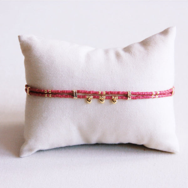 Armband - Miyuki - Charms Mini HEARTS Gold - Magenta