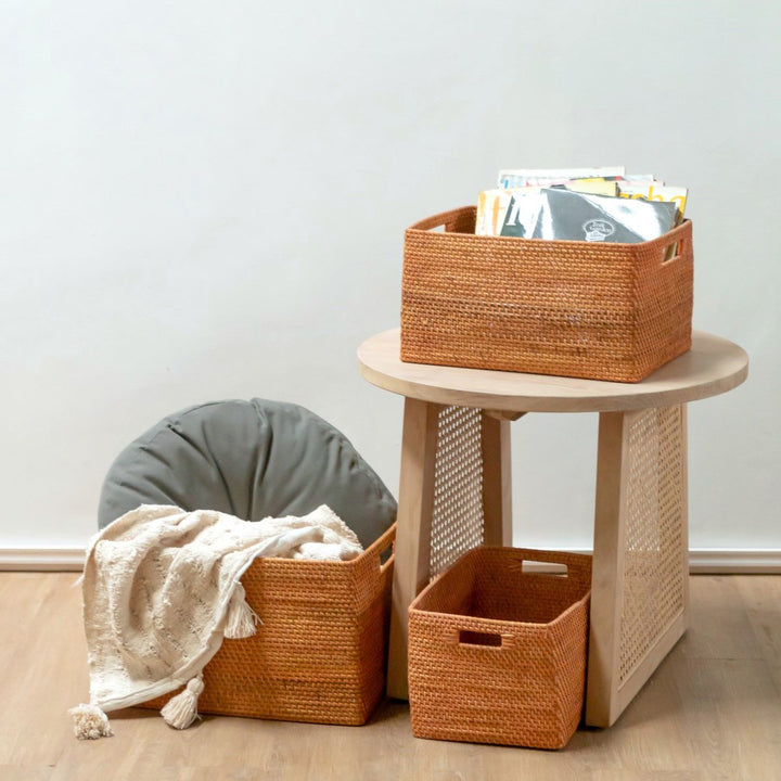 Regalkorb WARSA – Handgefertigter Rattan-Aufbewahrungskorb mit Griffen - Boho Dekokorb