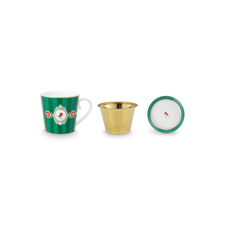 Tea for One LOVE BIRDS MEDALLION Stripes GREEN
