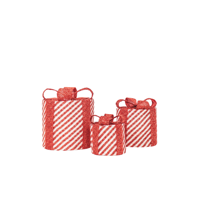LED-Weihnachtsgeschenke – 3er-Set / rund – Rot/Weiß – 15/20/25 cm