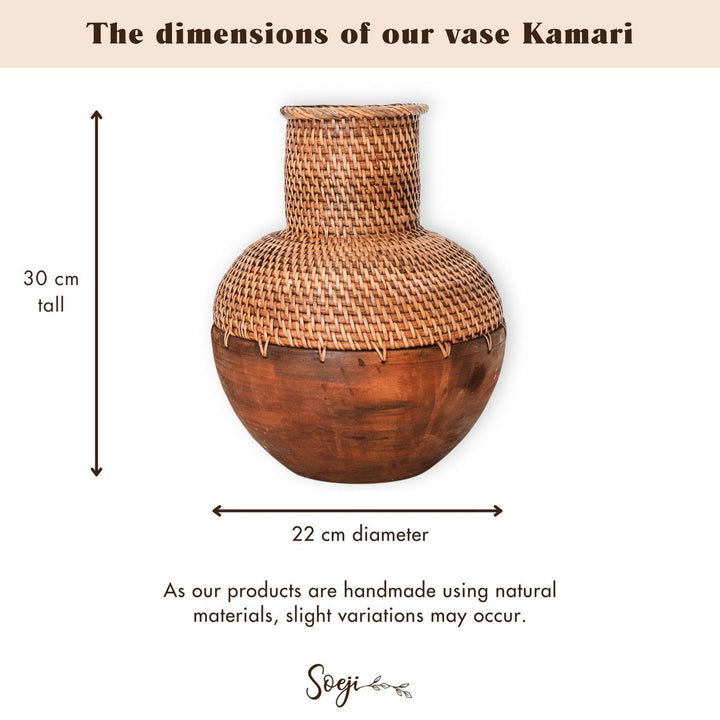 Boho-Dekovase KAMARI - Rattanvase - Holzvase - Vase aus geflochtenem Rattan und Holz