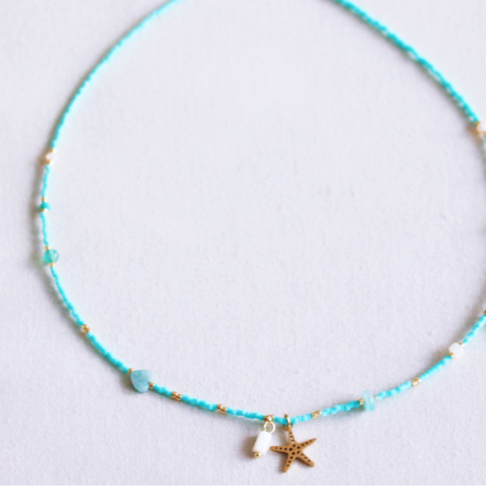 Halskette - Miyuki - Charms STARFISH & PEARLS - Facetten Mint/Türkis