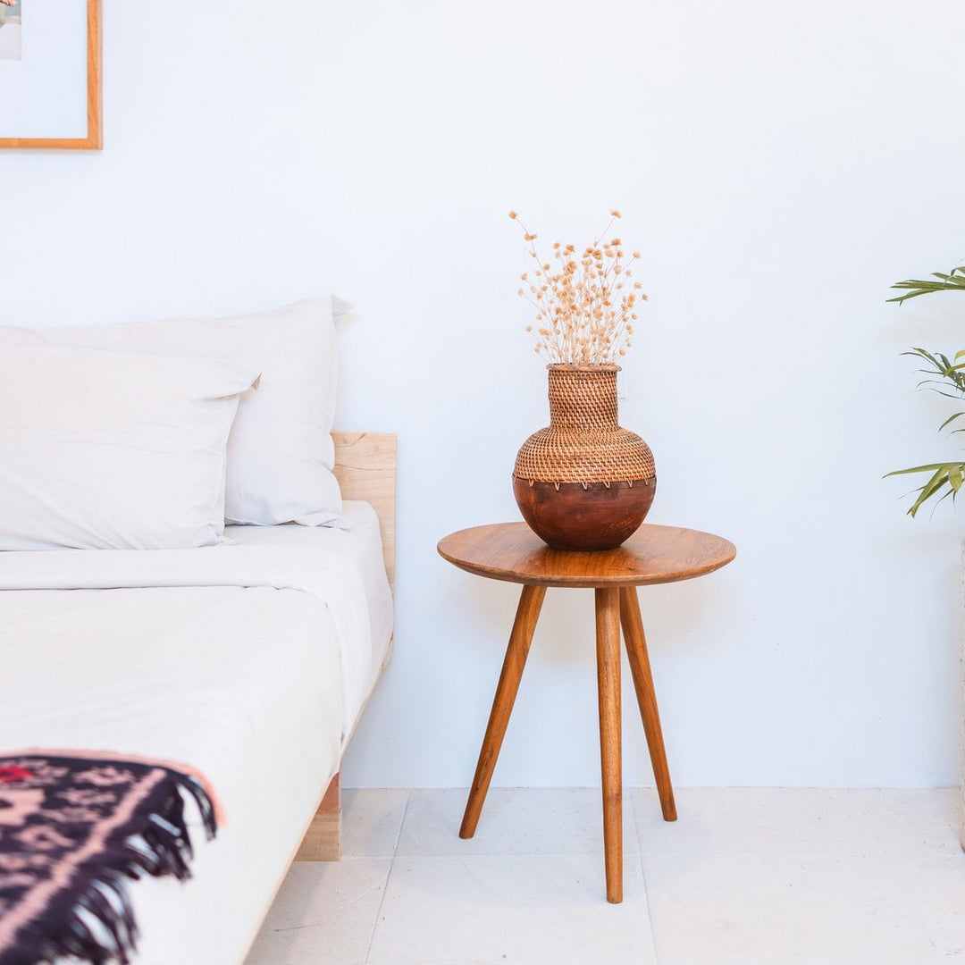 Boho-Dekovase KAMARI - Rattanvase - Holzvase - Vase aus geflochtenem Rattan und Holz